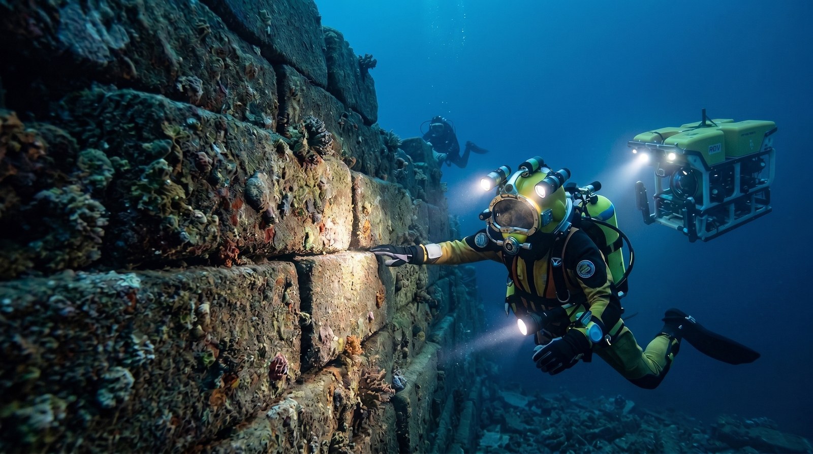 Artist's impression — a diver and ROV examining a submerged megalithic wall.