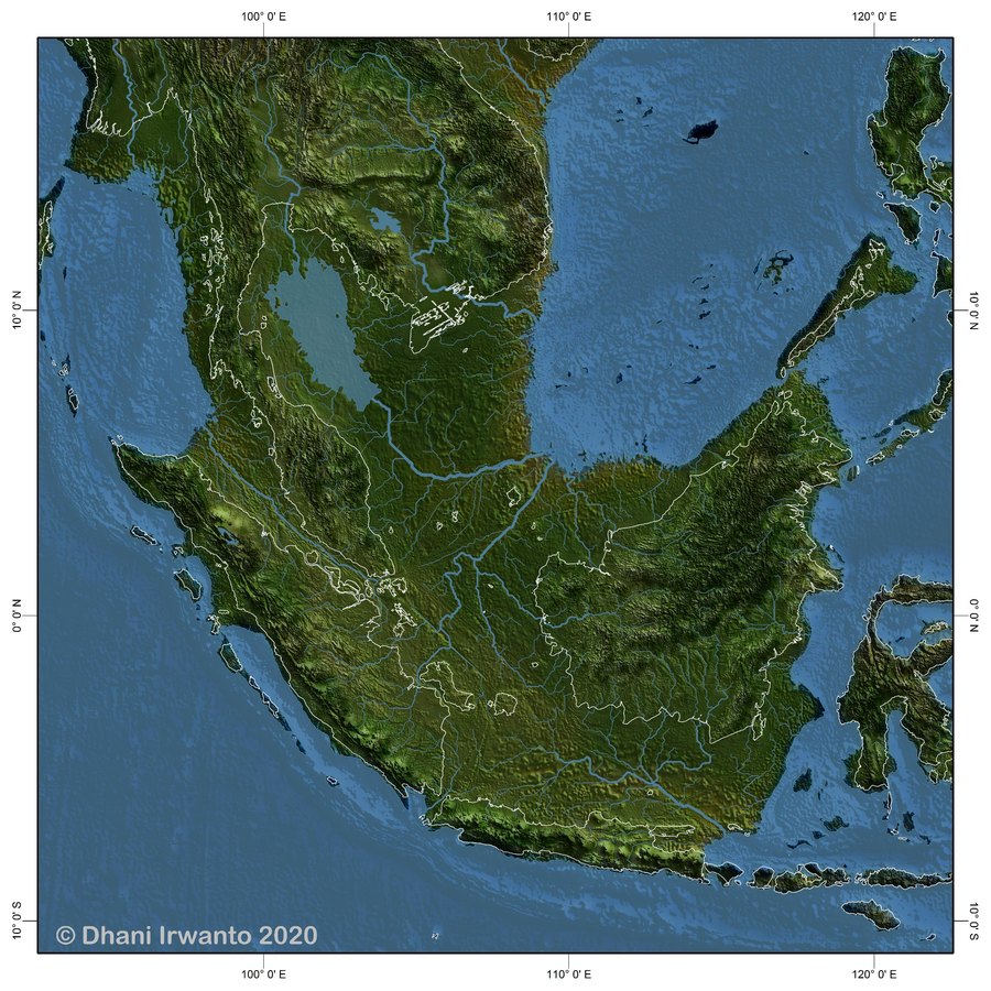 Sunda Shelf around 21,000 years ago — maximum exposed land joining Sumatra, Borneo and Java.