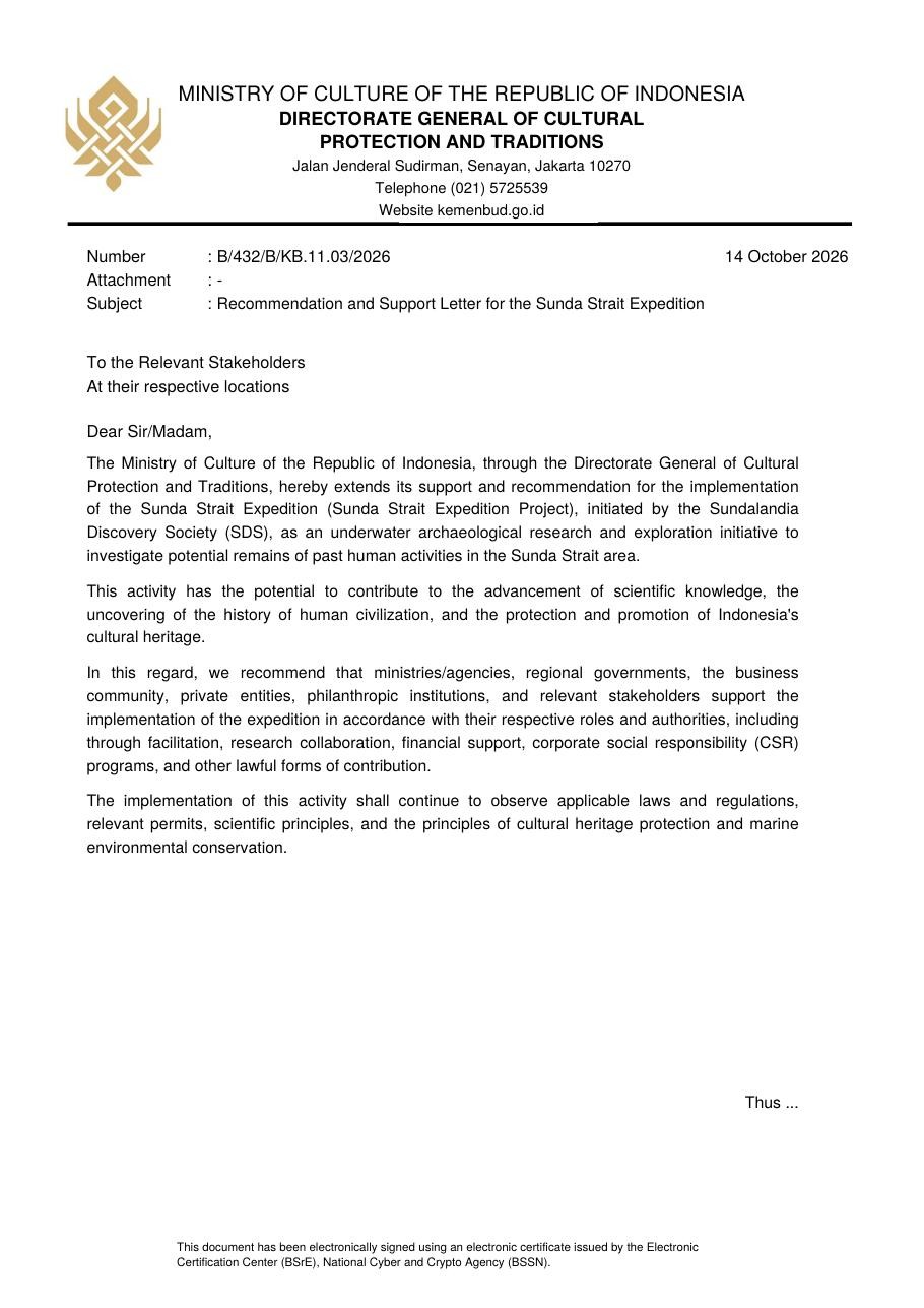 Recommendation and support letter for the Sunda Strait Expedition from the Ministry of Culture of the Republic of Indonesia, reference B/432/B/KB.11.03/2026, dated 14 October 2026.