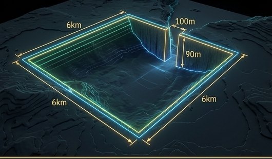 3D reconstruction of the Sangiang anomaly — a rectilinear ~6 km basin resting ~90 m down.