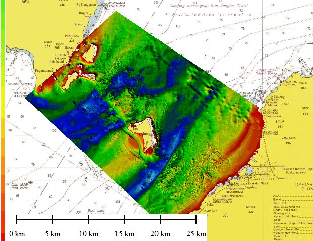 Phase I multibeam bathymetry (plan view) over the Sunda Strait nautical chart, with a 0–25 km scale.