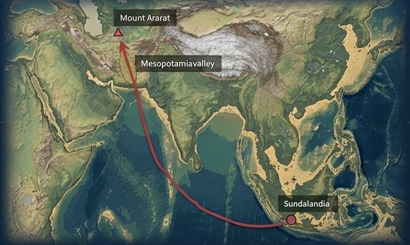 Paleogeographic map of the exposed Sunda Shelf around 20,000 years ago — Sundaland as one landmass, with the seafaring migration route toward Mesopotamia.